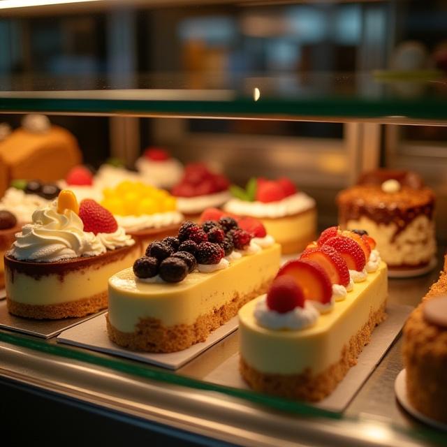 Eine Auswahl an Torten und Kuchen in der gläsernen Vitrine.